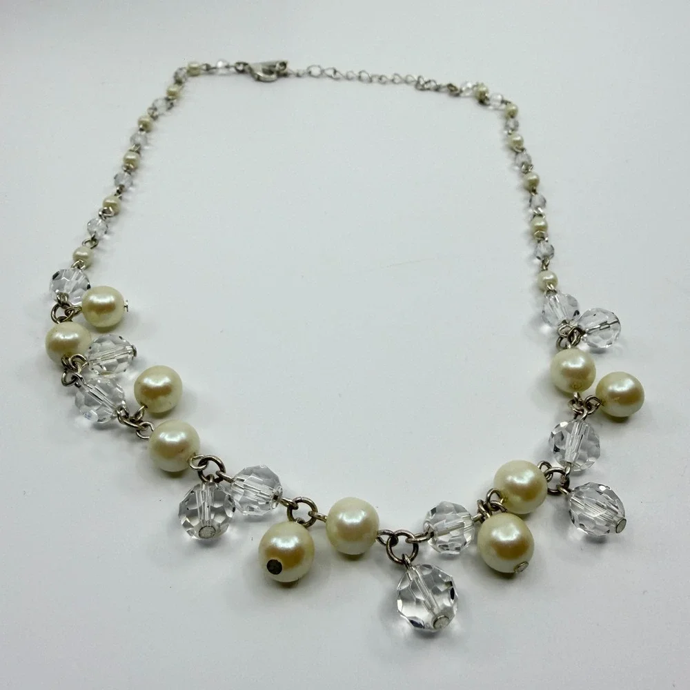 Elegant Faux Pearl & Clear Crystal Bead Statement Necklace Cottagecore Romantic